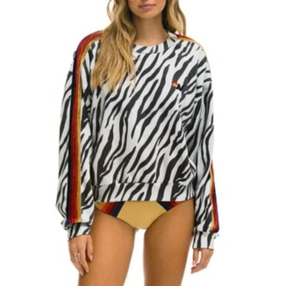 NWT Aviator Nation Classic Zebra Print Relaxed Fit Crewneck Sweatshirt Women's - Picture 1 of 14